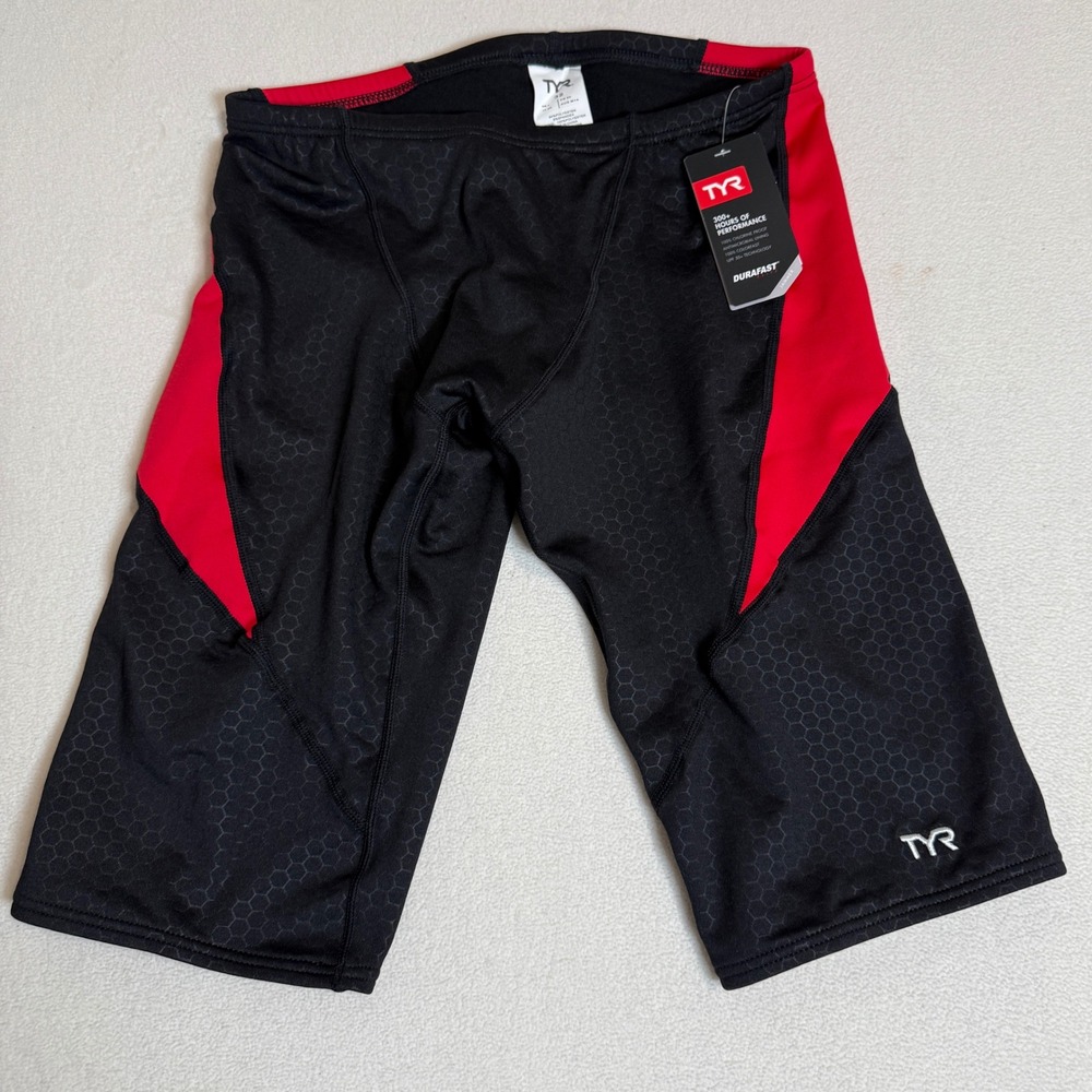 TYR Hexa Cure Jammer Swim Shorts Black Red‎ Mens Size 32 Comfort Athletic